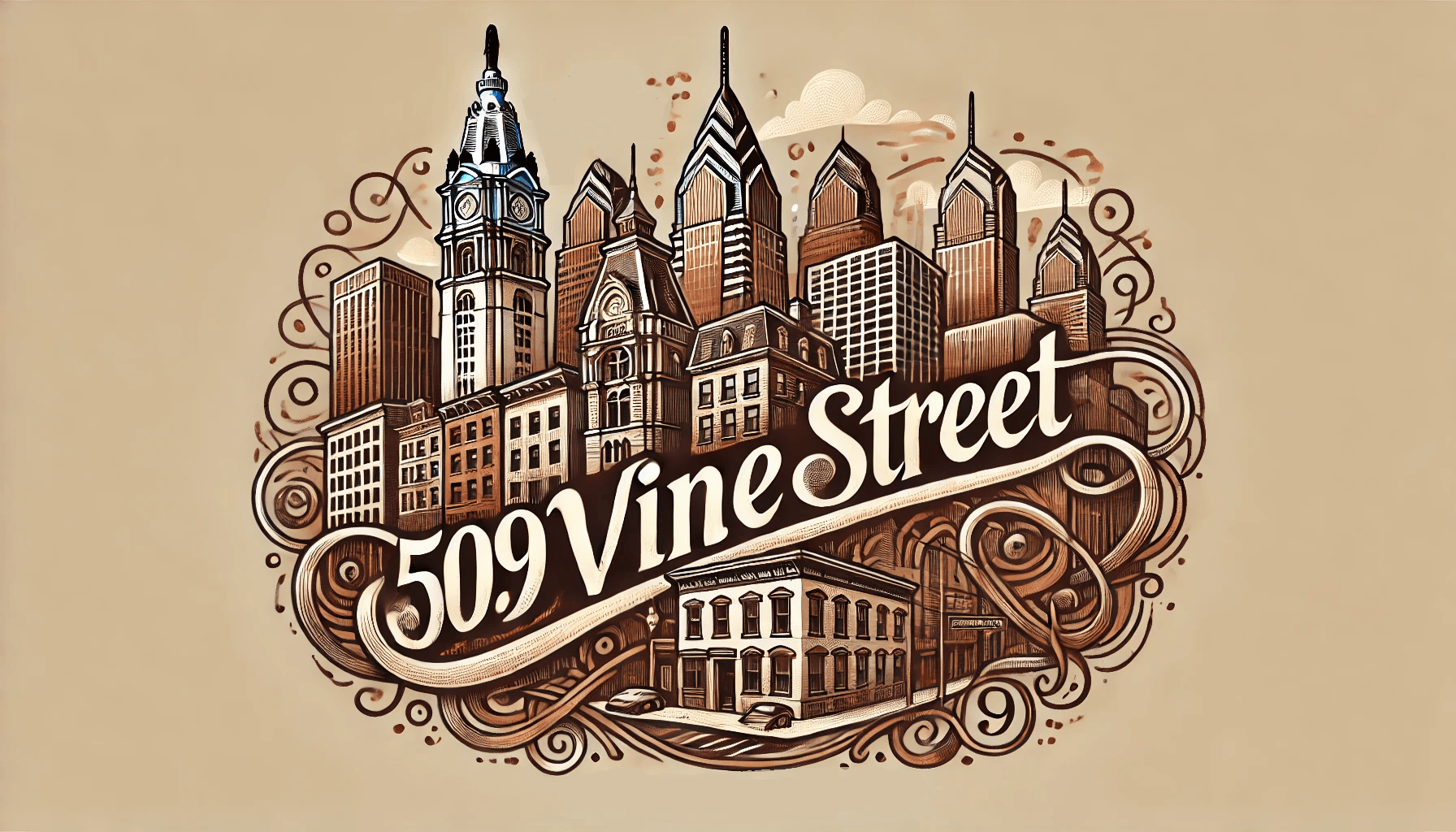 A stylized image of a cityscape with the text "509 Vine Street" prominently displayed.